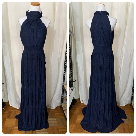 Betsy Adam Sammi Long Glitter Mesh Mock Neck Formal Dress Sz 10 in Navy - Picture 2 of 11